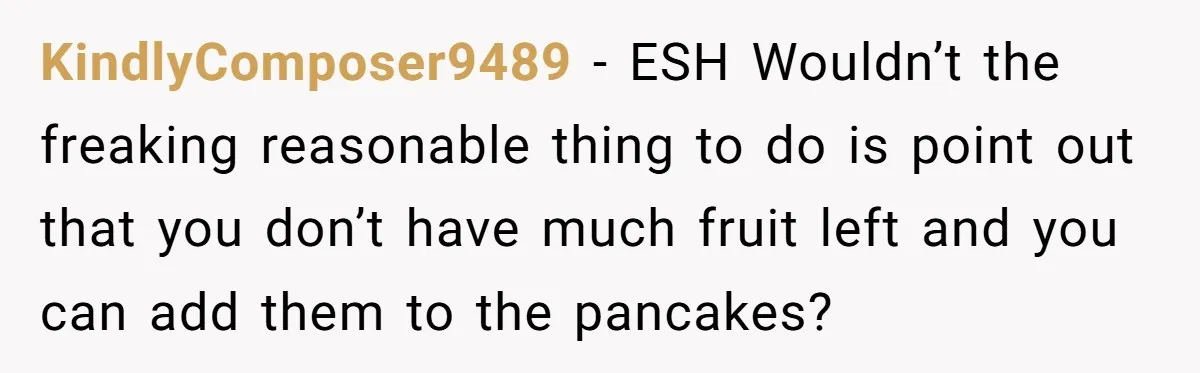 KindlyComposer9489 − ESH Wouldn’t the freaking reasonable thing to do is point out that you don’t have much fruit left and you can add them to the pancakes?