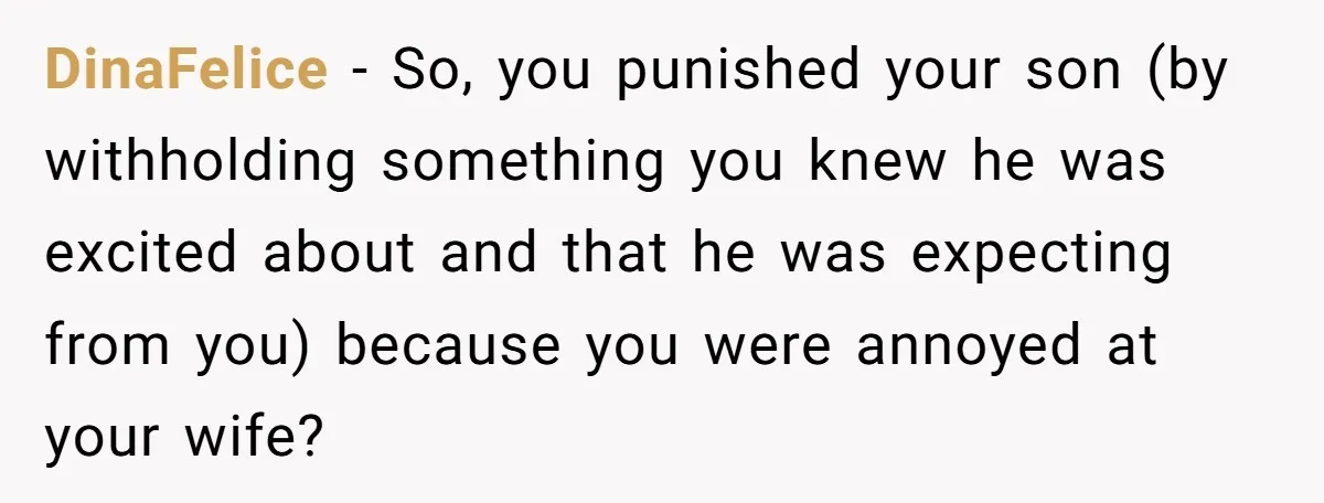DinaFelice − So, you punished your son (by withholding something you knew he was excited about and that he was expecting from you) because you were annoyed at your wife?