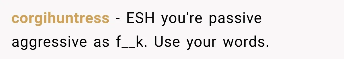 corgihuntress − ESH you're passive aggressive as f__k. Use your words.