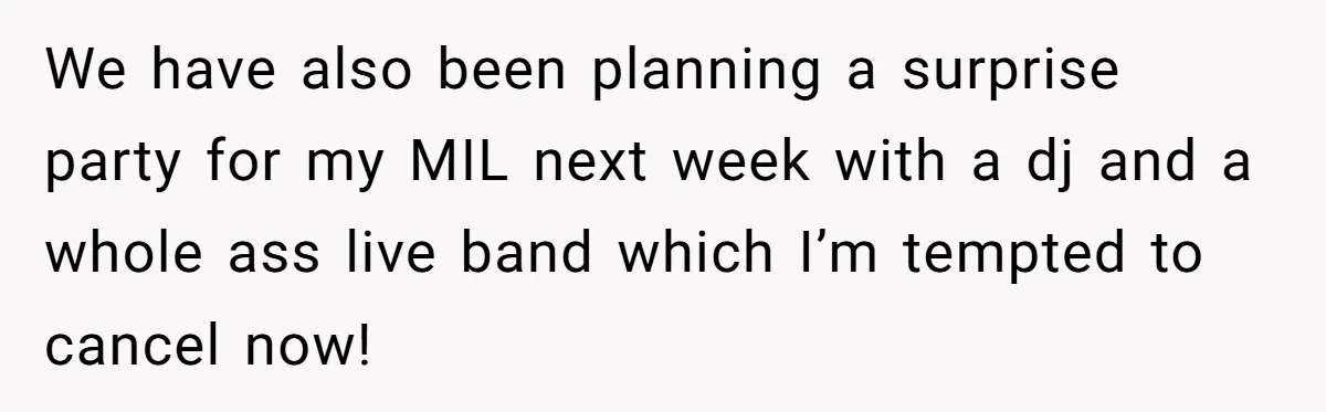 We have also been planning a surprise party for my MIL next week with a dj and a whole ass live band which I’m tempted to cancel now!