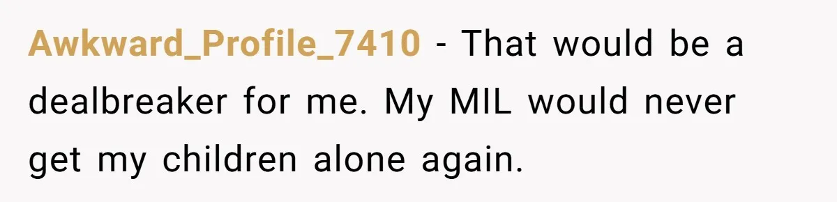 Awkward_Profile_7410 − That would be a dealbreaker for me. My MIL would never get my children alone again.