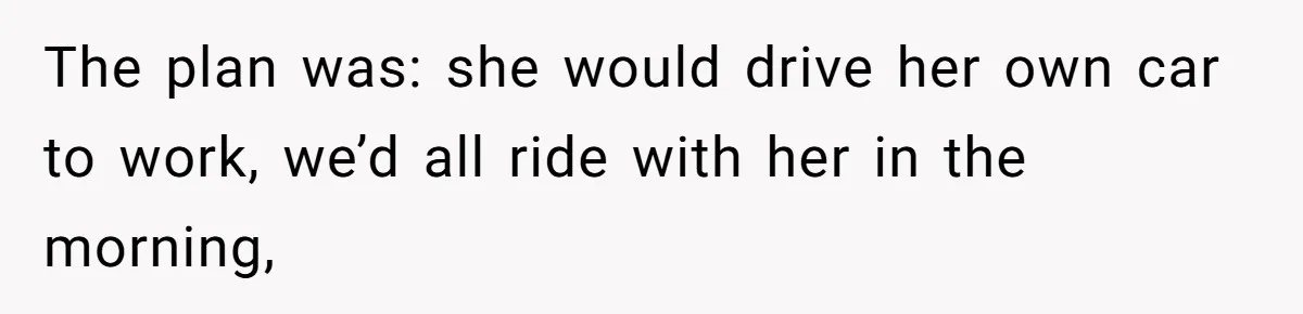 The plan was: she would drive her own car to work, we’d all ride with her in the morning,