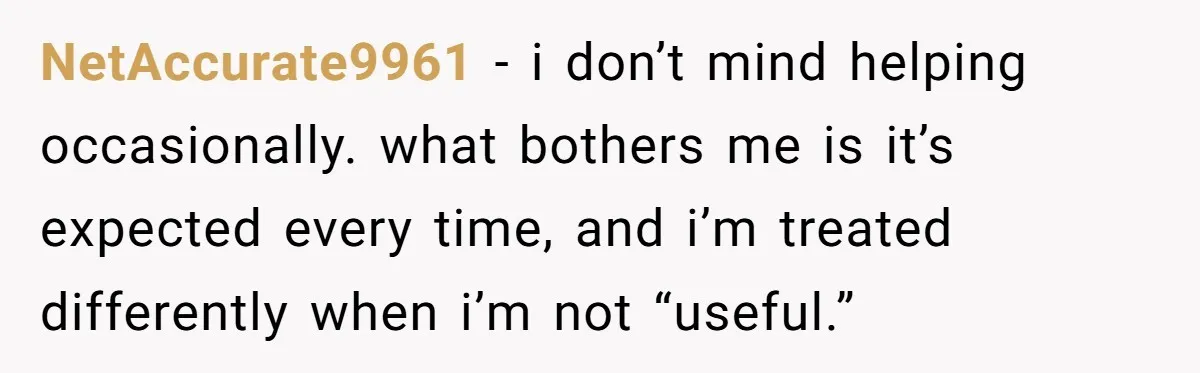 NetAccurate9961 − i don’t mind helping occasionally. what bothers me is it’s expected every time, and i’m treated differently when i’m not “useful.”