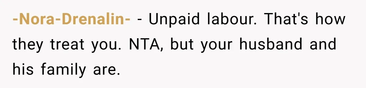 -Nora-Drenalin- − Unpaid labour. That's how they treat you. NTA, but your husband and his family are.