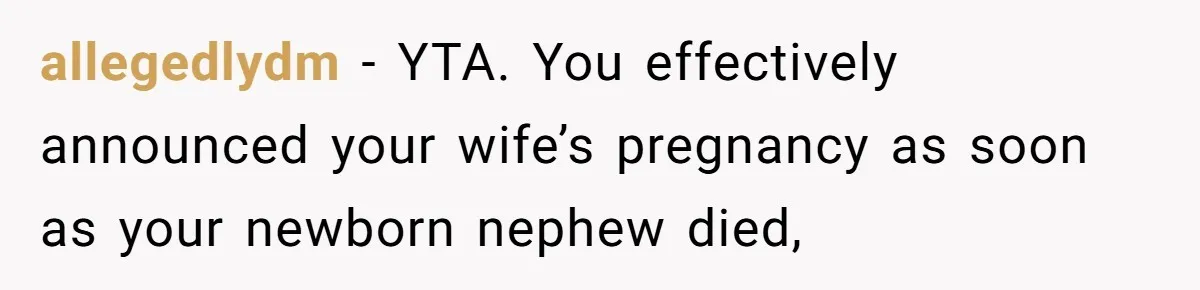 allegedlydm − YTA. You effectively announced your wife’s pregnancy as soon as your newborn nephew died,
