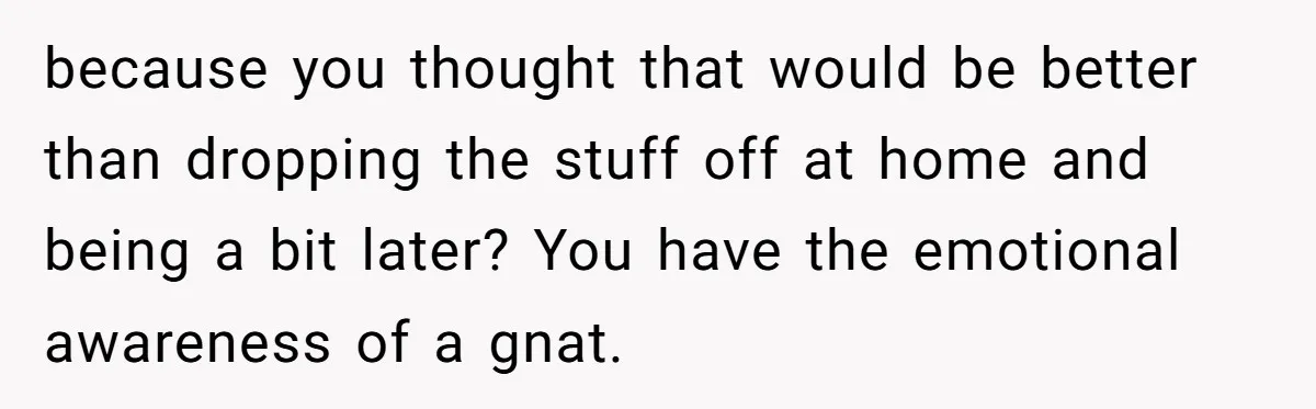 because you thought that would be better than dropping the stuff off at home and being a bit later? You have the emotional awareness of a gnat.