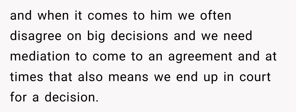 and when it comes to him we often disagree on big decisions and we need mediation to come to an agreement and at times that also means we end up...