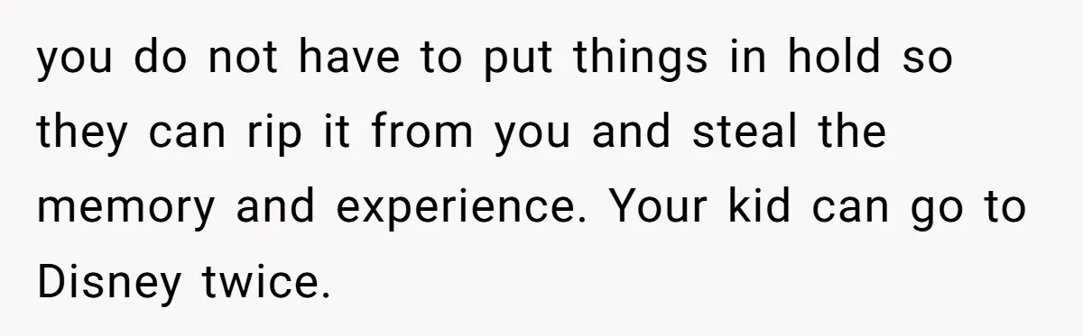 you do not have to put things in hold so they can rip it from you and steal the memory and experience. Your kid can go to Disney twice.