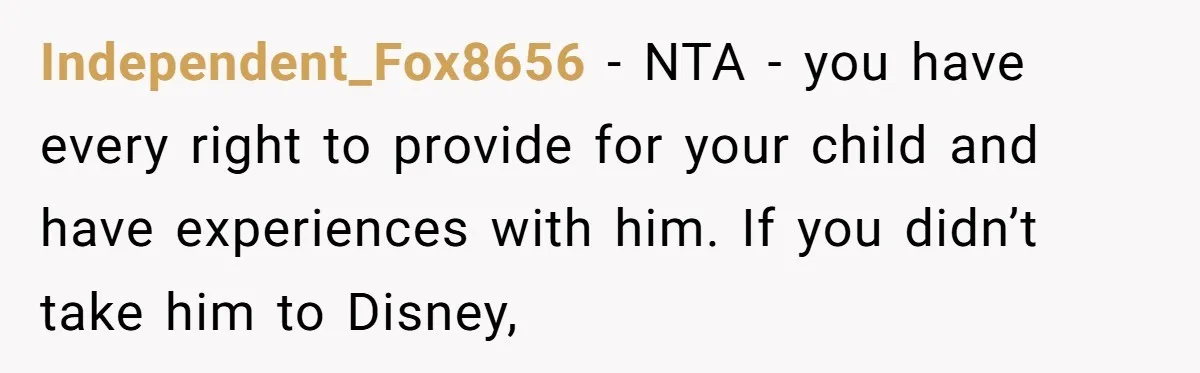 Independent_Fox8656 − NTA - you have every right to provide for your child and have experiences with him. If you didn’t take him to Disney,