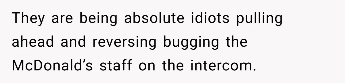 They are being absolute idiots pulling ahead and reversing bugging the McDonald’s staff on the intercom.