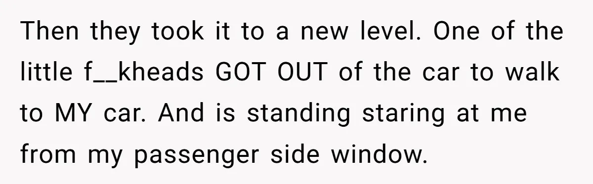 Then they took it to a new level. One of the little f__kheads GOT OUT of the car to walk to MY car. And is standing staring at me from...