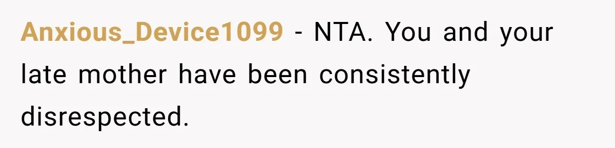 Anxious_Device1099 − NTA. You and your late mother have been consistently disrespected.
