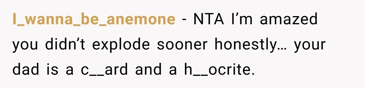 I_wanna_be_anemone − NTA I’m amazed you didn’t explode sooner honestly… your dad is a c__ard and a h__ocrite.