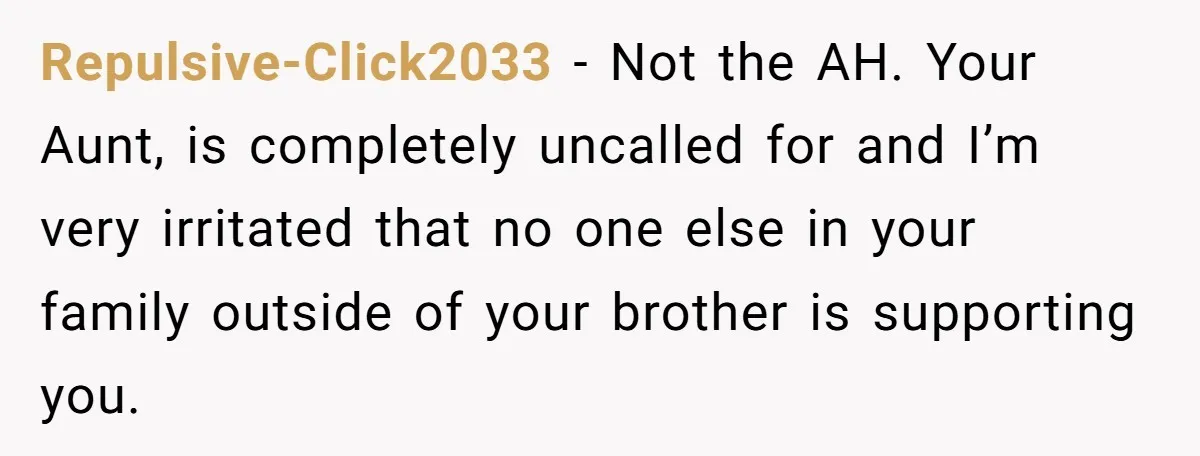 Repulsive-Click2033 − Not the AH. Your Aunt, is completely uncalled for and I’m very irritated that no one else in your family outside of your brother is supporting you.
