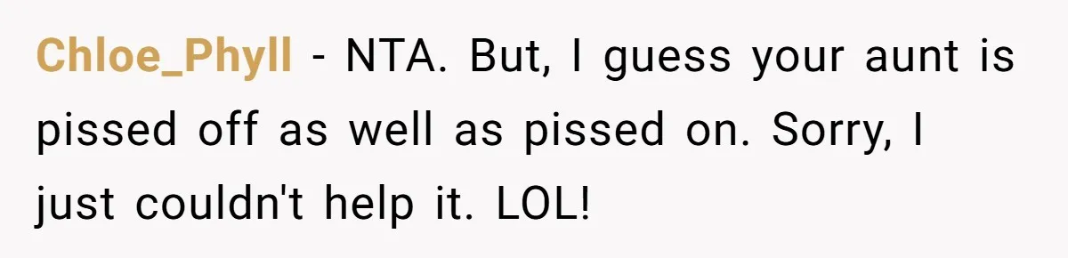 Chloe_Phyll − NTA. But, I guess your aunt is pissed off as well as pissed on. Sorry, I just couldn't help it. LOL!