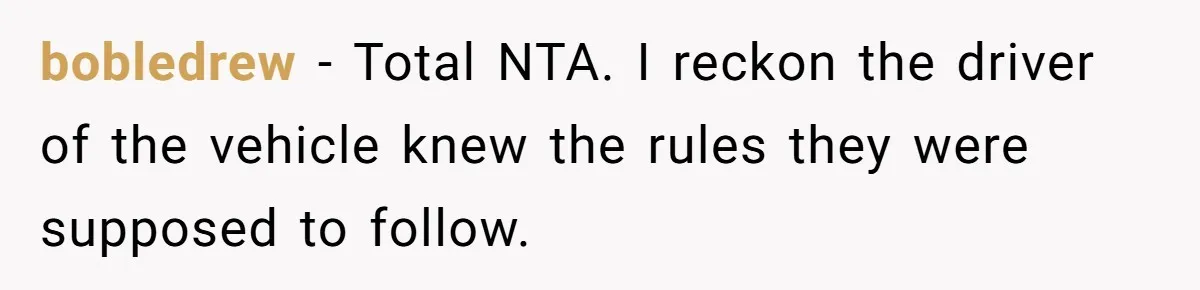 bobledrew − Total NTA. I reckon the driver of the vehicle knew the rules they were supposed to follow.