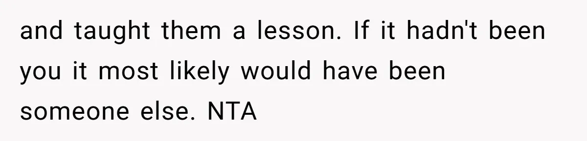 and taught them a lesson. If it hadn't been you it most likely would have been someone else. NTA