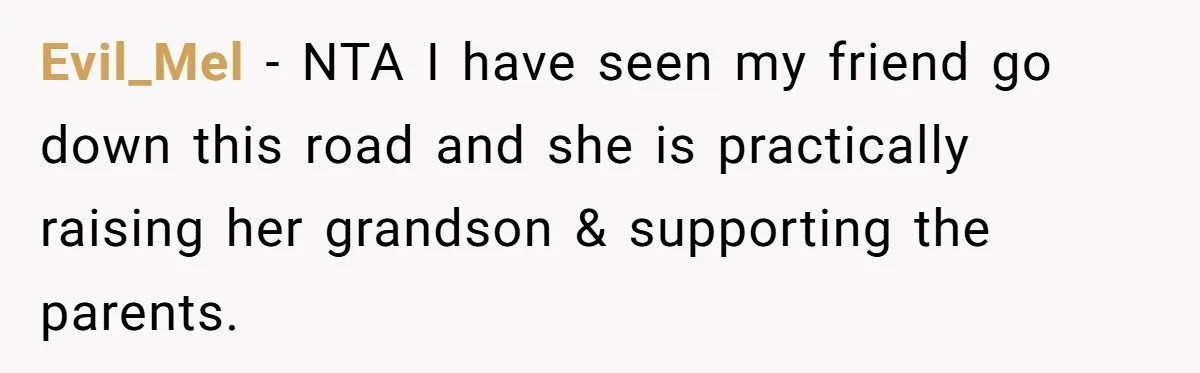 Evil_Mel − NTA I have seen my friend go down this road and she is practically raising her grandson & supporting the parents.