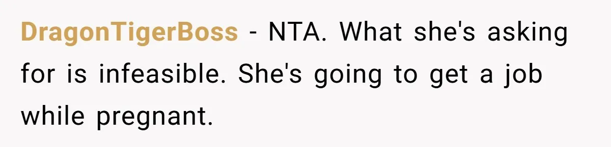 DragonTigerBoss − NTA. What she's asking for is infeasible. She's going to get a job while pregnant.
