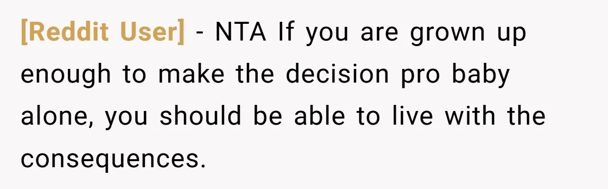 [Reddit User] − NTA If you are grown up enough to make the decision pro baby alone, you should be able to live with the consequences.