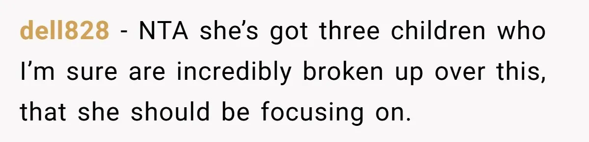 dell828 − NTA she’s got three children who I’m sure are incredibly broken up over this, that she should be focusing on.