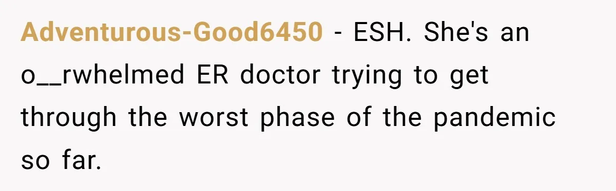 Adventurous-Good6450 − ESH. She's an o__rwhelmed ER doctor trying to get through the worst phase of the pandemic so far.