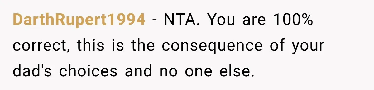 DarthRupert1994 − NTA. You are 100% correct, this is the consequence of your dad's choices and no one else.