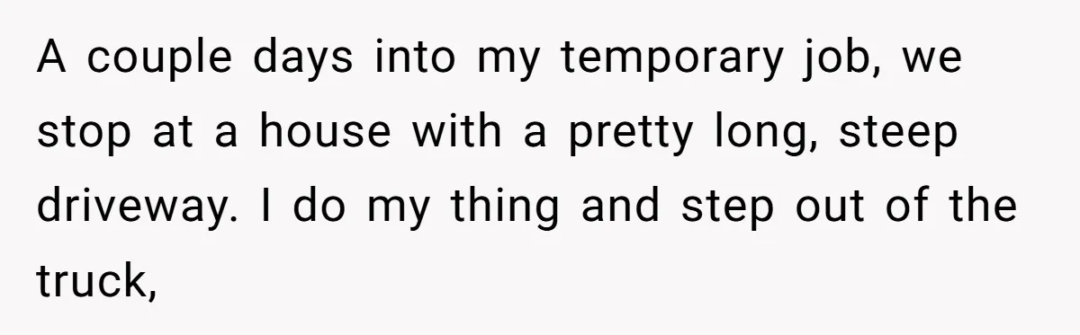 A couple days into my temporary job, we stop at a house with a pretty long, steep driveway. I do my thing and step out of the truck,