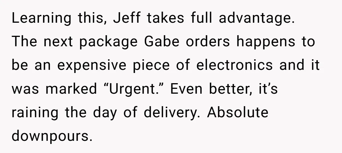 Learning this, Jeff takes full advantage. The next package Gabe orders happens to be an expensive piece of electronics and it was marked “Urgent.” Even better, it’s raining the day...
