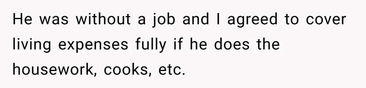 He was without a job and I agreed to cover living expenses fully if he does the housework, cooks, etc.