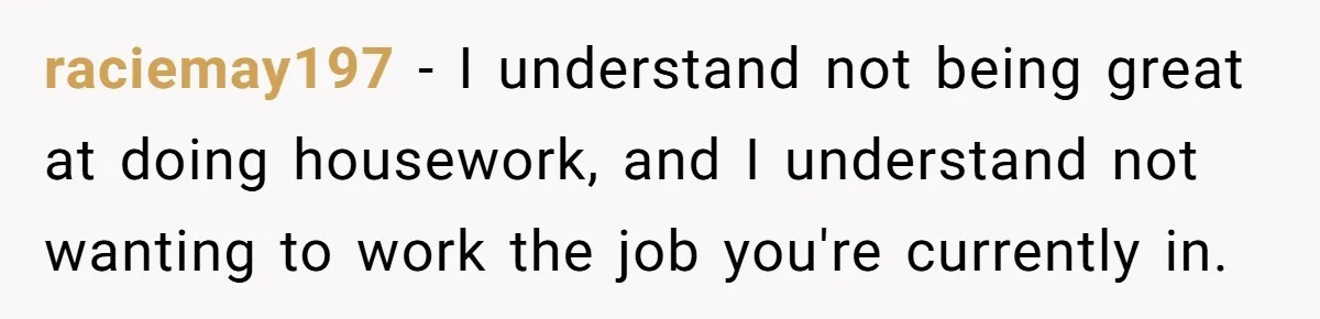 raciemay197 − I understand not being great at doing housework, and I understand not wanting to work the job you're currently in.
