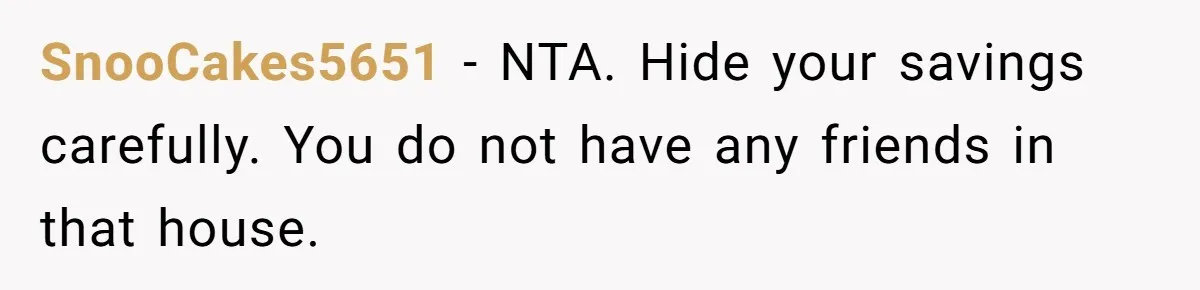 SnooCakes5651 − NTA. Hide your savings carefully. You do not have any friends in that house.