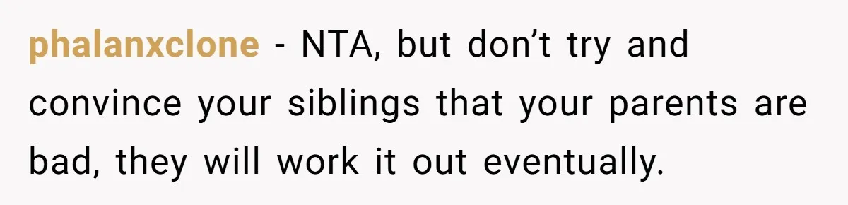phalanxclone − NTA, but don’t try and convince your siblings that your parents are bad, they will work it out eventually.