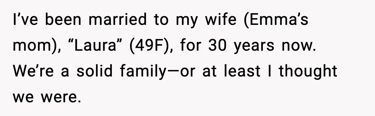 Dad Refuses to Walk Daughter Down the Aisle After She Bans Her Mom From the Wedding I’ve been married to my wife (Emma’s mom), “Laura” (49F), for 30 years now. We’re a solid family—or at least I thought we were.