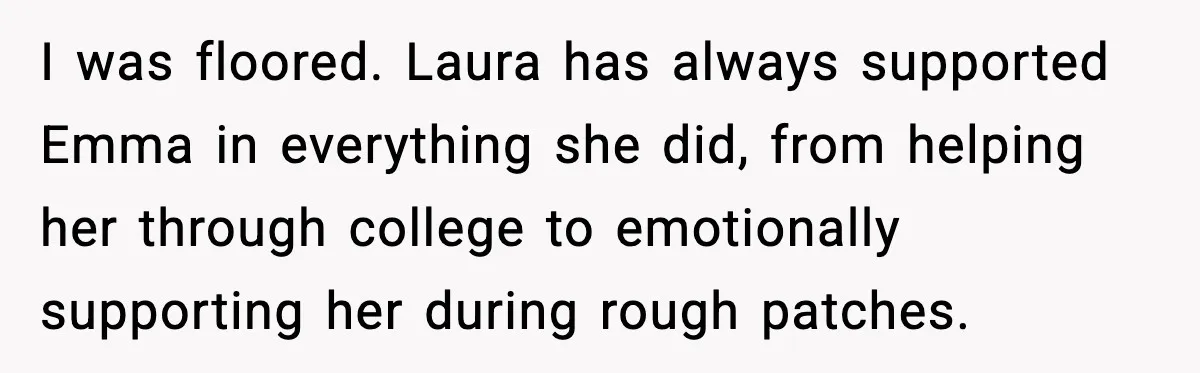Dad Refuses to Walk Daughter Down the Aisle After She Bans Her Mom From the Wedding I was floored. Laura has always supported Emma in everything she did, from helping her through college to emotionally supporting her during rough patches.