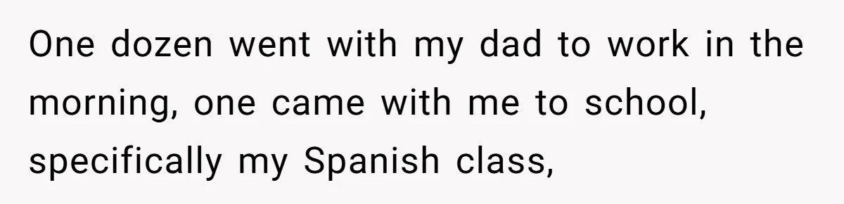 One dozen went with my dad to work in the morning, one came with me to school, specifically my Spanish class,