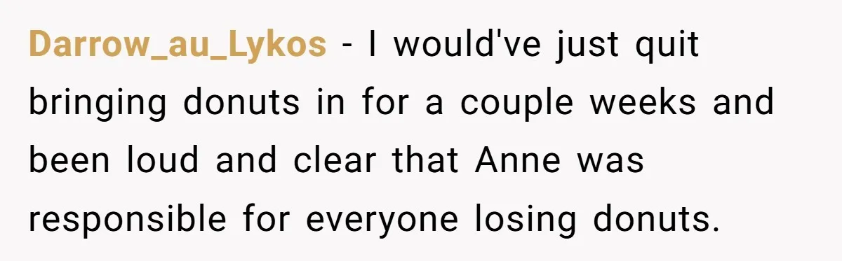 Darrow_au_Lykos − I would've just quit bringing donuts in for a couple weeks and been loud and clear that Anne was responsible for everyone losing donuts.
