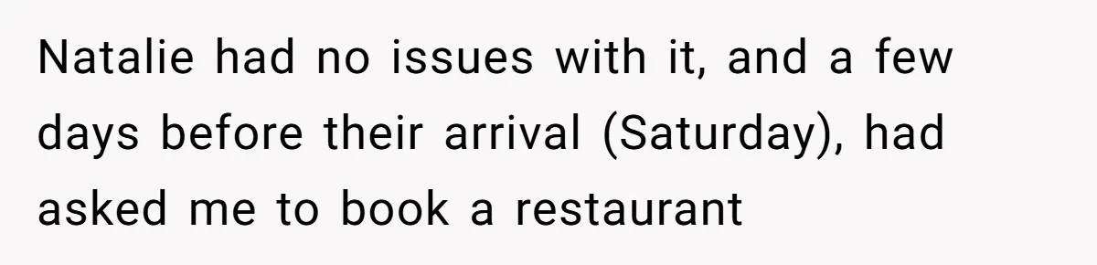 Natalie had no issues with it, and a few days before their arrival (Saturday), had asked me to book a restaurant