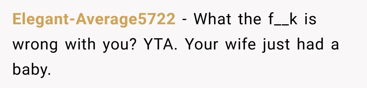 Elegant-Average5722 − What the f__k is wrong with you? YTA. Your wife just had a baby.