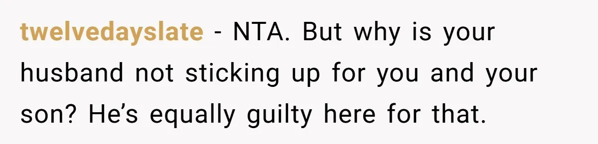 twelvedayslate − NTA. But why is your husband not sticking up for you and your son? He’s equally guilty here for that.