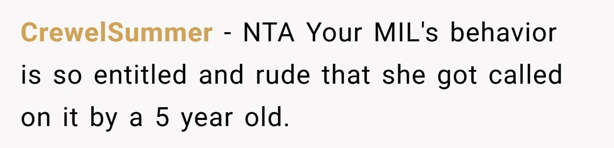 CrewelSummer − NTA Your MIL's behavior is so entitled and rude that she got called on it by a 5 year old.