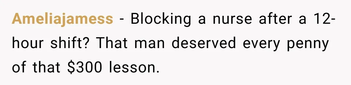 Ameliajamess − Blocking a nurse after a 12-hour shift? That man deserved every penny of that $300 lesson.