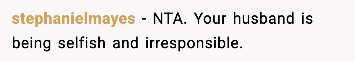 stephanielmayes - NTA. Your husband is being selfish and irresponsible.