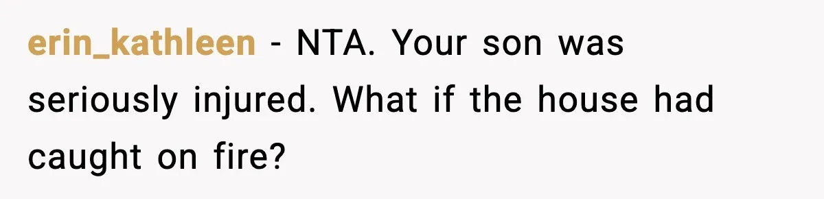 erin_kathleen - NTA. Your son was seriously injured. What if the house had caught on fire?