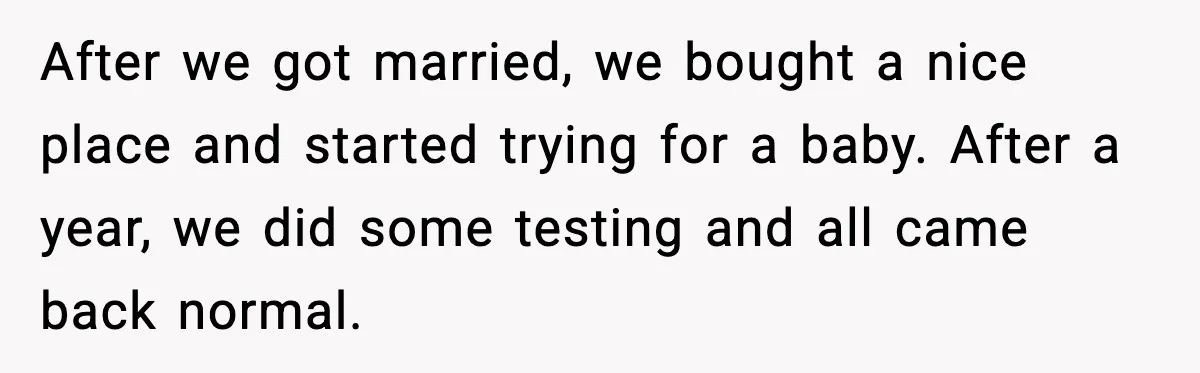 After we got married, we bought a nice place and started trying for a baby. After a year, we did some testing and all came back normal.