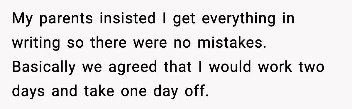 My parents insisted I get everything in writing so there were no mistakes. Basically we agreed that I would work two days and take one day off.