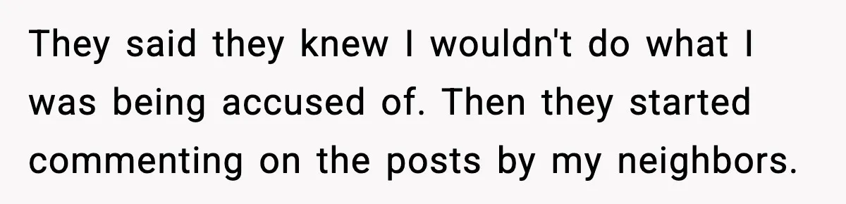 They said they knew I wouldn't do what I was being accused of. Then they started commenting on the posts by my neighbors.