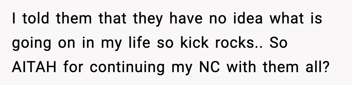I told them that they have no idea what is going on in my life so kick rocks.. So AITAH for continuing my NC with them all?