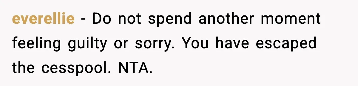 everellie - Do not spend another moment feeling guilty or sorry. You have escaped the cesspool. NTA.