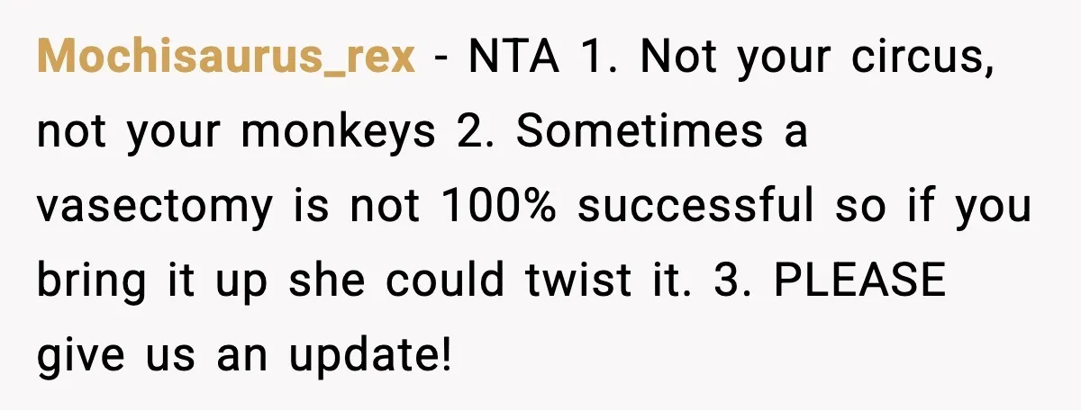 Mochisaurus_rex - NTA 1. Not your circus, not your monkeys 2. Sometimes a vasectomy is not 100% successful so if you bring it up she could twist it. 3. PLEASE...